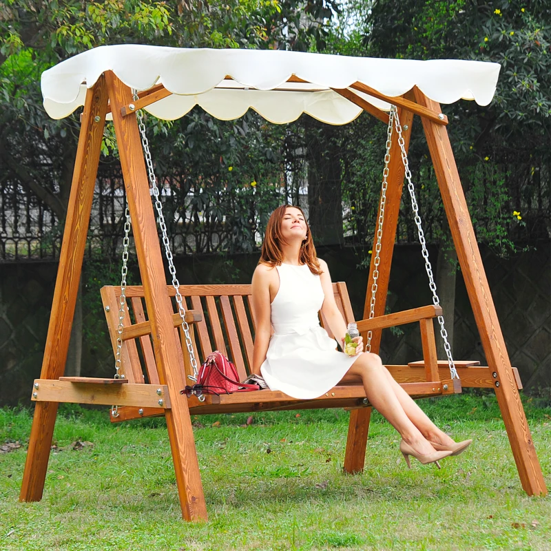 Outsunny 2 Seater Wooden Wood Garden Swing Chair Seat Hammock Bench Furniture Lounger Bed Wood New(Cream)