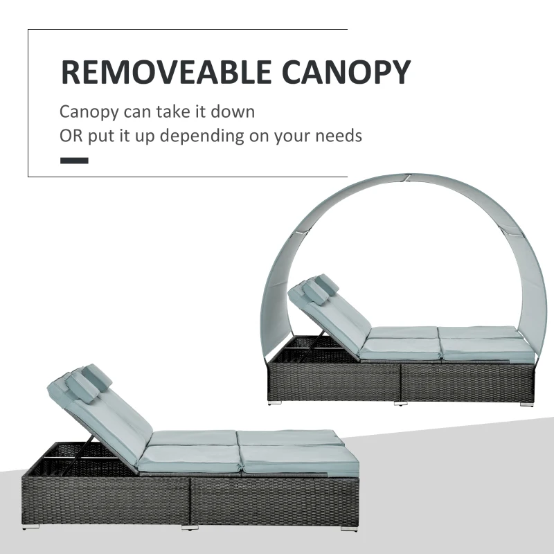 Outsunny Double Rattan Wicker Adjustable Chaise Lounge Chair w/ Removable Canopy and Cushions Grey
