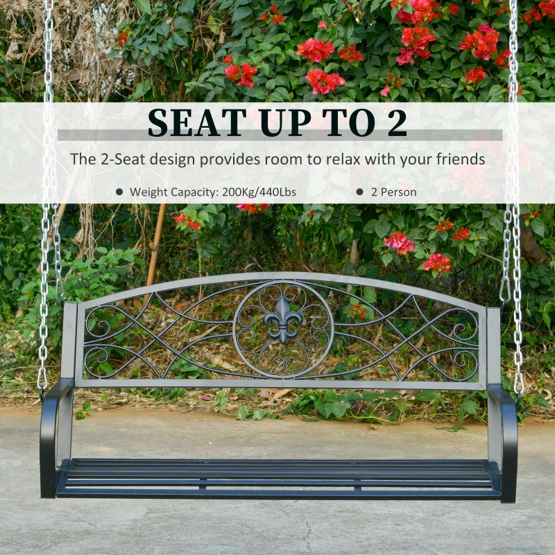 OUTSUNNY Fleur-De-Lis 2-person Porch Swing Garden Hanging Bench Outdoor Steel -Black
