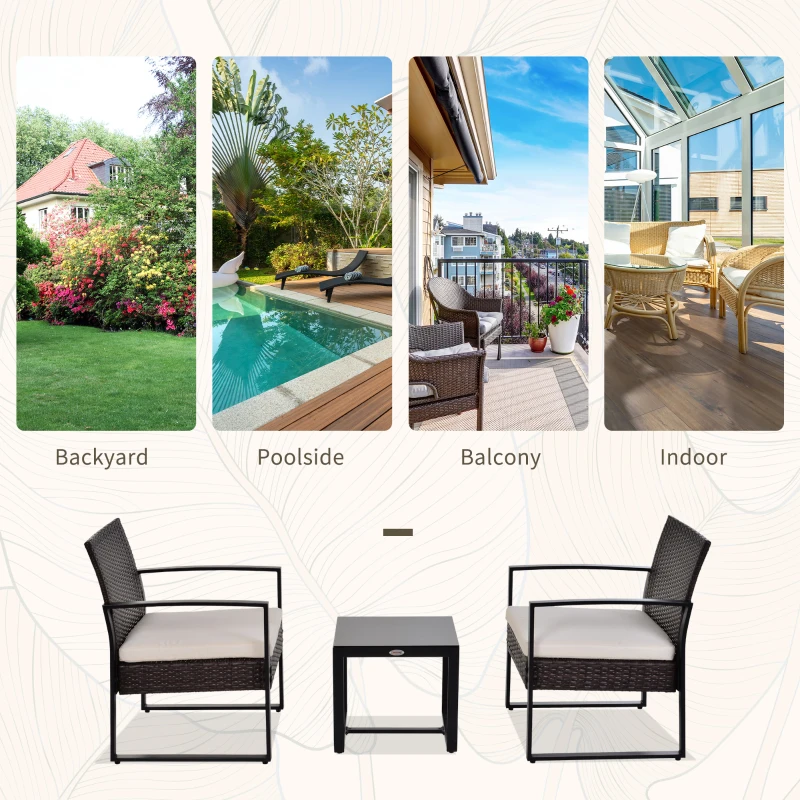 Outsunny 3pc Patio Rattan Wicker Coffee Table Set Outdoor Garden Chair Table Set with Cushion, Mixed Brown