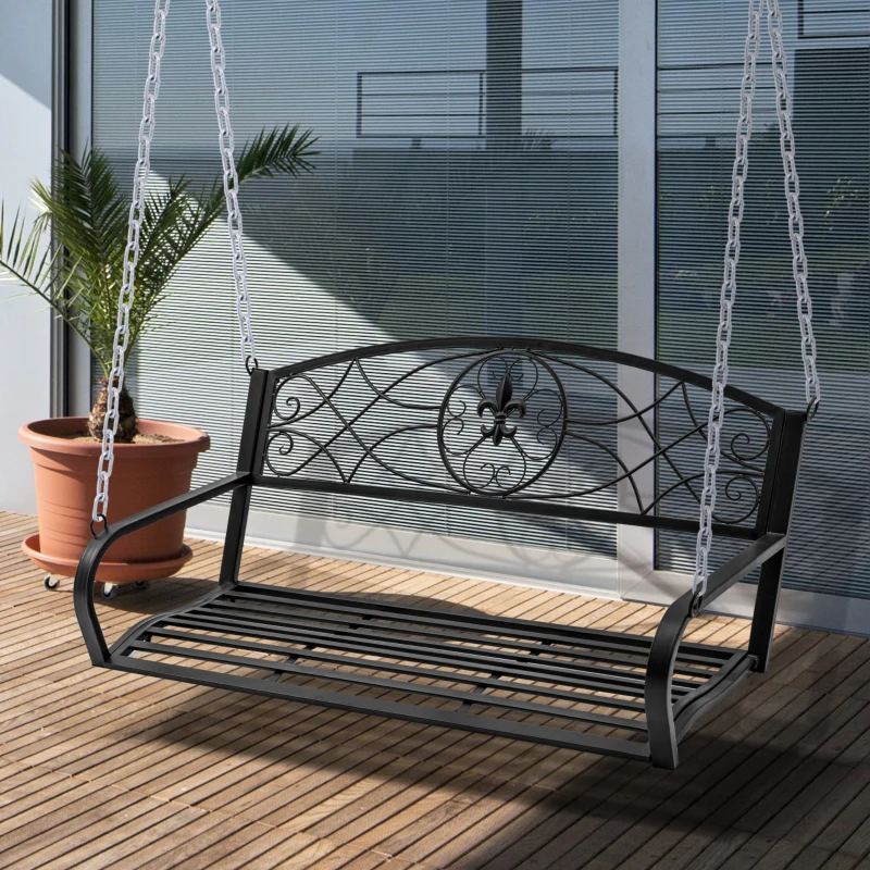 OUTSUNNY Fleur-De-Lis 2-person Porch Swing Garden Hanging Bench Outdoor Steel -Black