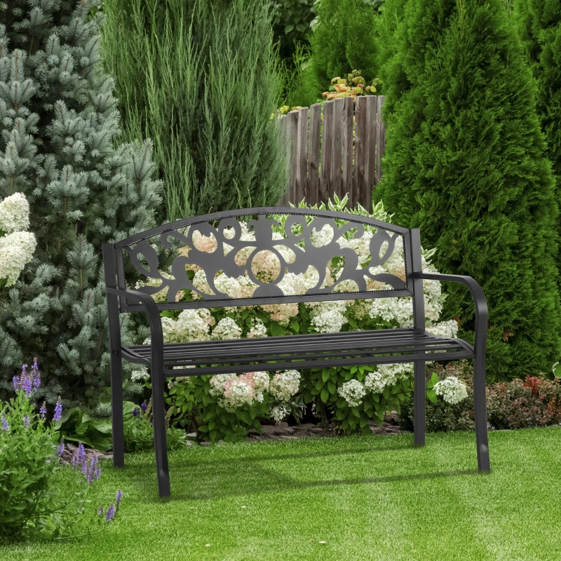 Outsunny 2 Seater Outdoor Patio Garden Metal Bench Park Yard Furniture Porch Chair Seat Black 128L x 91H x 50W cm
