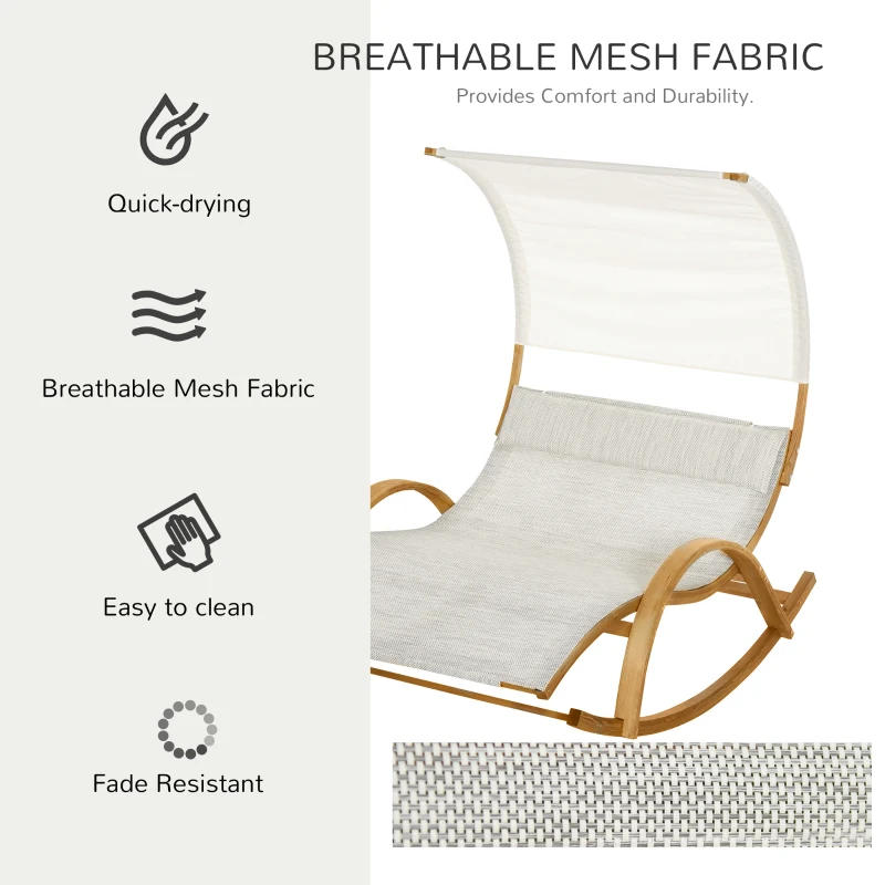 Outsunny Patio Double Chaise Rocking Wood Larch Hammock w/ Canopy Shade and Headrest Sun Lounger Indoor&Outdoor, Beige