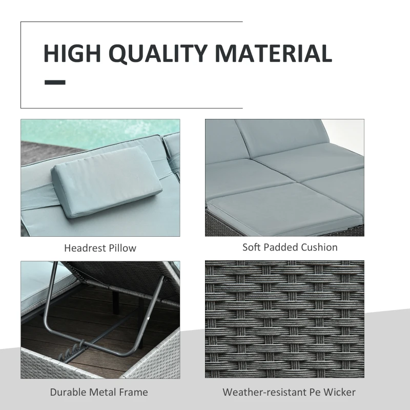 Outsunny Double Rattan Wicker Adjustable Chaise Lounge Chair w/ Removable Canopy and Cushions Grey