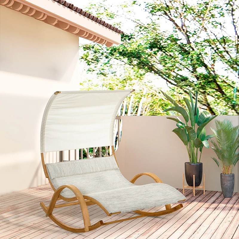 Outsunny Patio Double Chaise Rocking Wood Larch Hammock w/ Canopy Shade and Headrest Sun Lounger Indoor&Outdoor, Beige