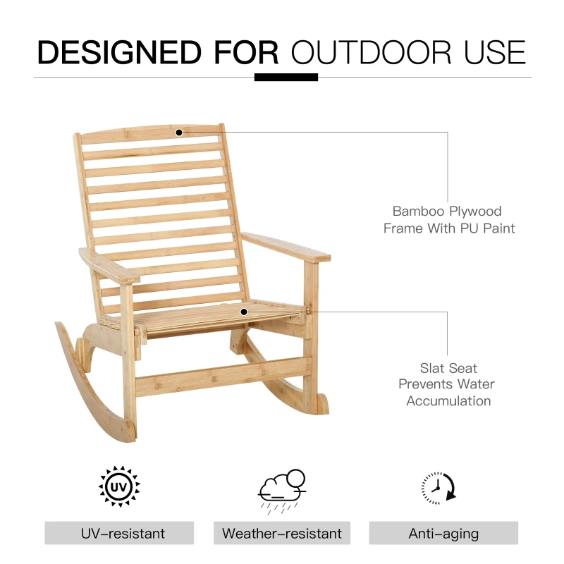 Outsunny Patio Rocking Chair Non-slip Porch Rocker for Balcony Garden Terrace Bamboo Plywood Natural
