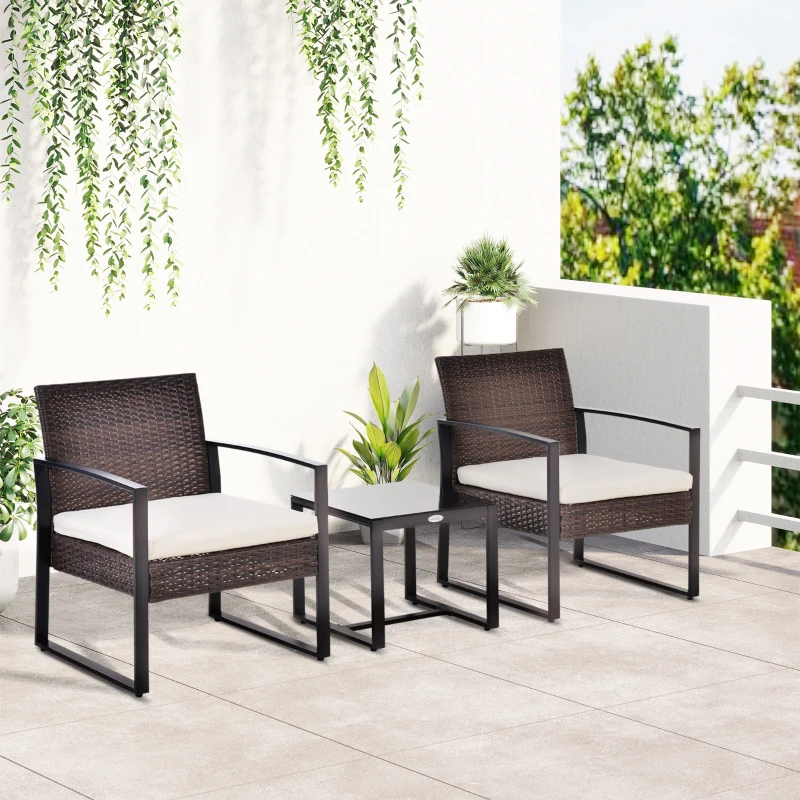 Outsunny 3pc Patio Rattan Wicker Coffee Table Set Outdoor Garden Chair Table Set with Cushion, Mixed Brown