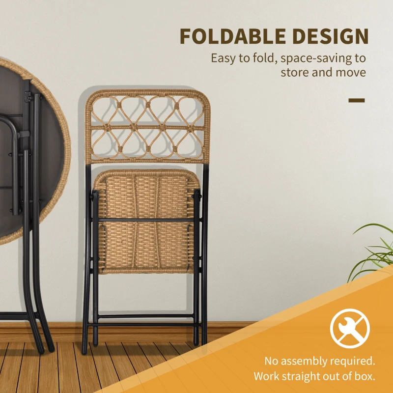 Outsunny 2 Seater Foldable Rattan Wicker Bistro Set, Coffee Table and Chairs, Natural