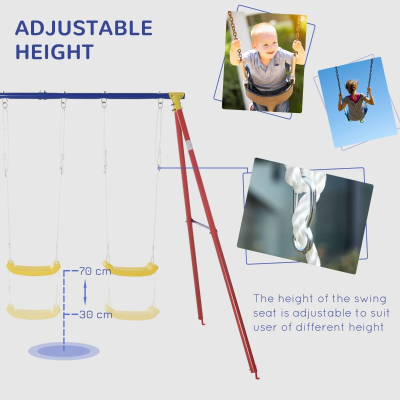 Outsunny Metal Swing Set with 2 Seats Glider A-Frame Stand Adjustable Hanging Rope for Backyard Playground Outdoor Playset for Kid Age 3-5 Years Old 352lbs