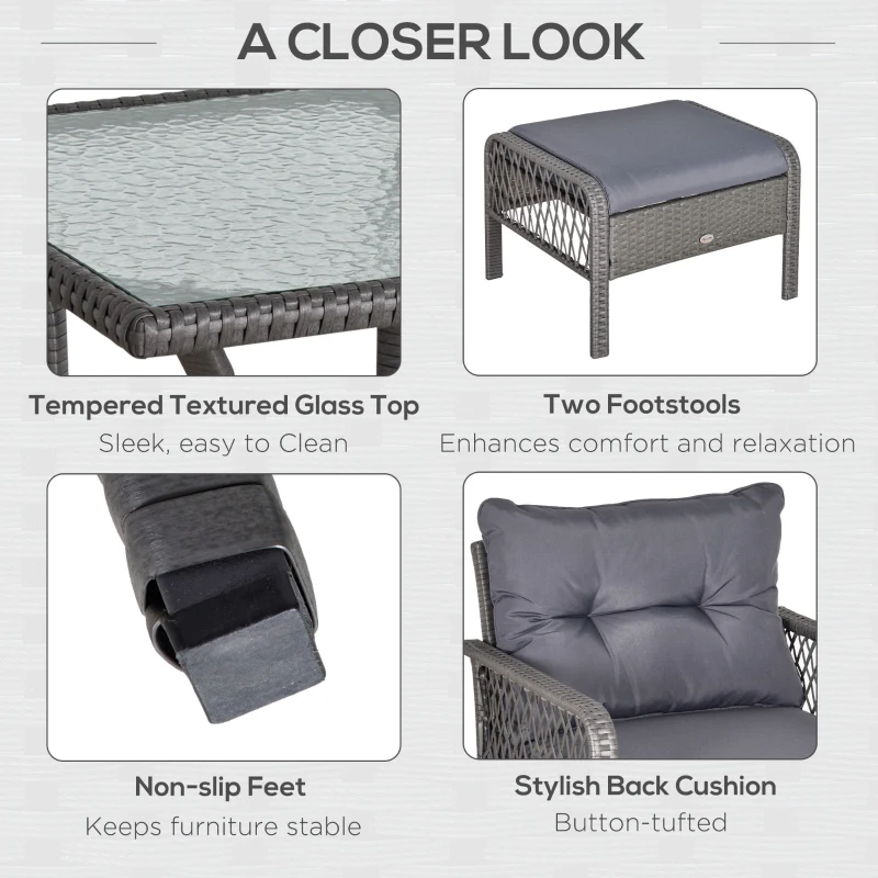 Outsunny 5-Piece Outdoor PE Rattan Wicker Patio All Weather Conversation Sofa Furniture Set with 2 Cushioned Armchair, 2 Ottomans and Coffee Table, Grey