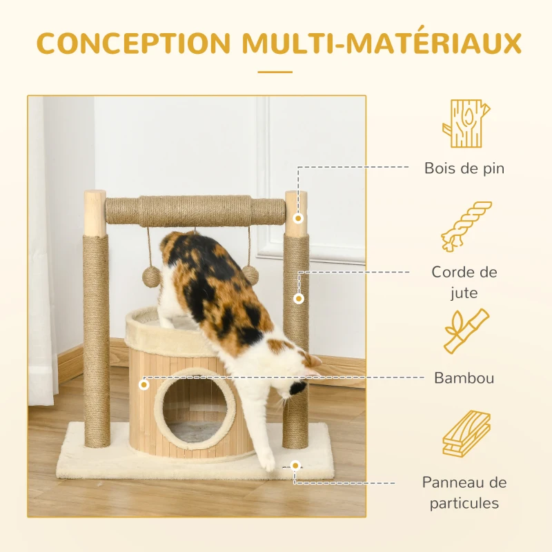 PawHut Arbre à chat niche maison pour chat cabane chat griffoirs grattoir jute jeu boules suspendues plateforme ronde dim. 60L x 40l x 60H cm - beige