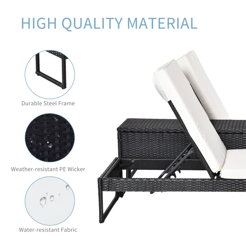 Outsunny 3 Piece Rattan Wicker Adjustable Chaise Lounge Chair with Cushions Set- Black/Cream White