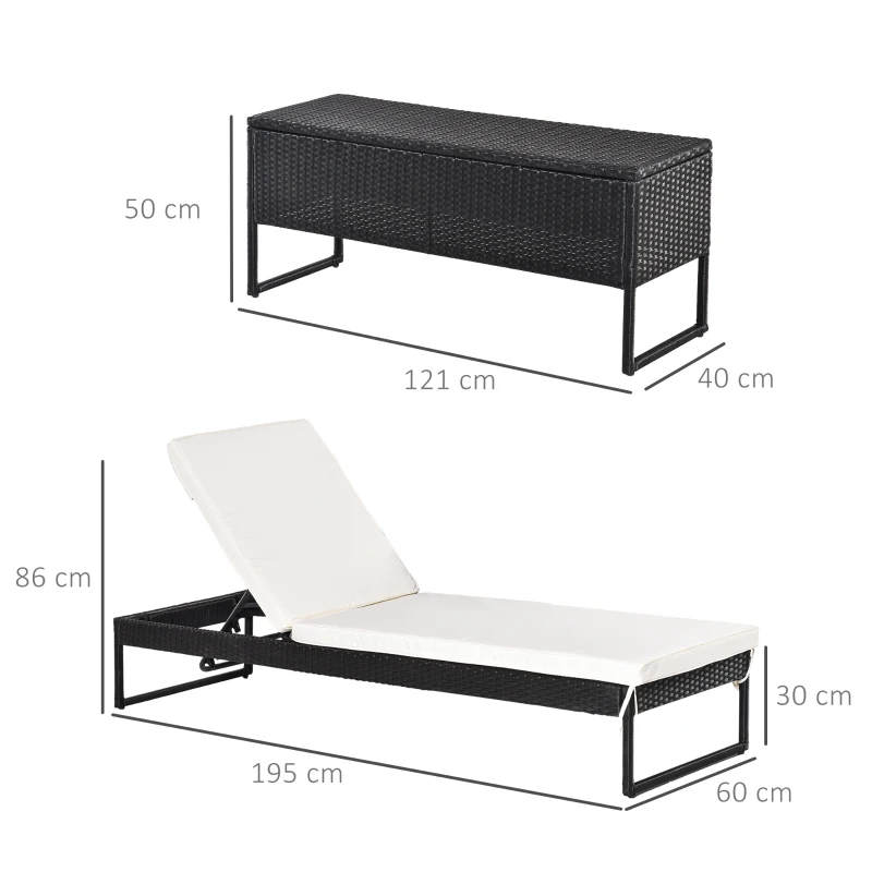 Outsunny 3 Piece Rattan Wicker Adjustable Chaise Lounge Chair with Cushions Set- Black/Cream White