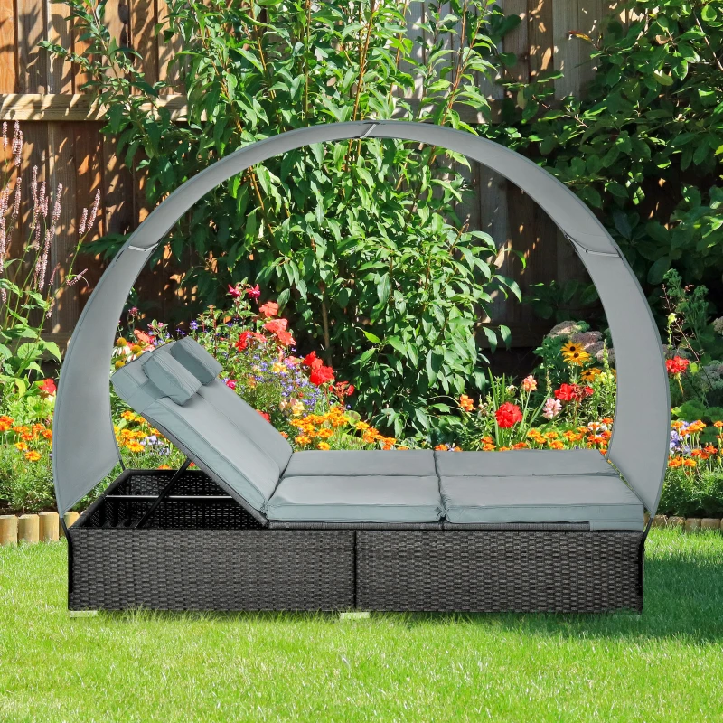 Outsunny Double Rattan Wicker Adjustable Chaise Lounge Chair w/ Removable Canopy and Cushions Grey