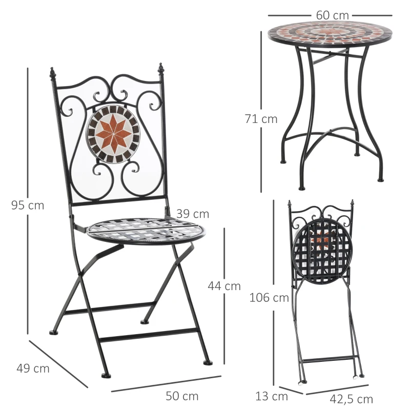 Outsunny 3PCs Garden Table Set Bistro Set with 1 Ceramic Tile Round Table and 2 Foldable Chairs for Outdoor Indoor Patio Balcony