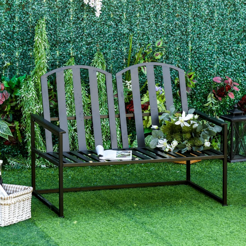 Outsunny Garden Bench Loveseat 2 Seat for Outdoor Park, Yard, Steel Frame, Decorative Slatted Design, Black