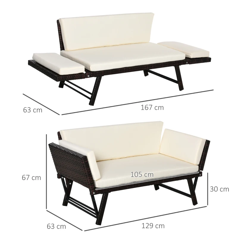 Outsunny Convertible Rattan Chaise Lounge Sofa Bed Double Seat Recliner Lounger