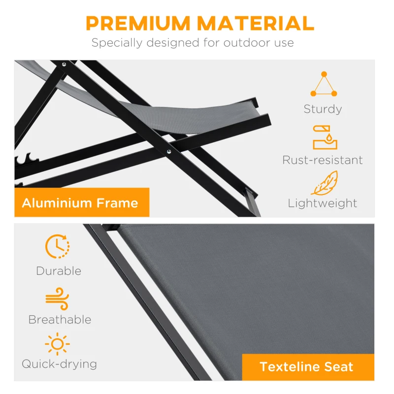 Outsunny Textilene Chaise Lounge Recliner Chair w/Adjustable Backrest Sun Bed Lounger Patio Furniture Deep Grey