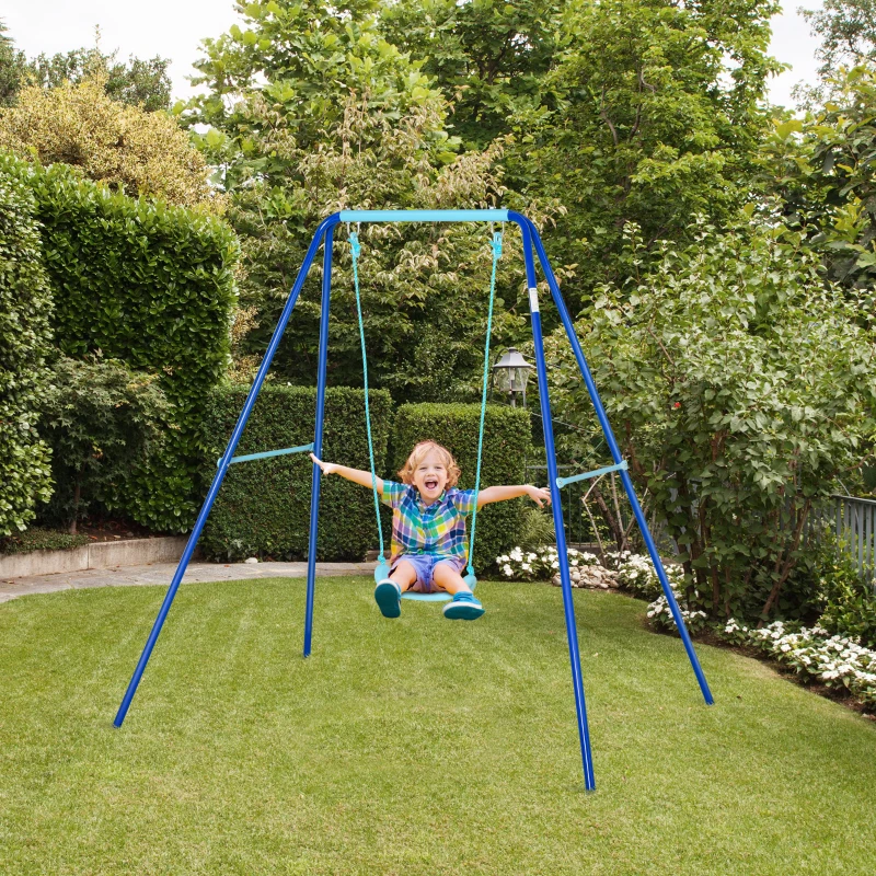 Outsunny Metal Swing Set with Durable Rope Heavy Duty A-Frame Stand Backyard Outdoor Playset for Kids Fun 3-6 Years Old Blue