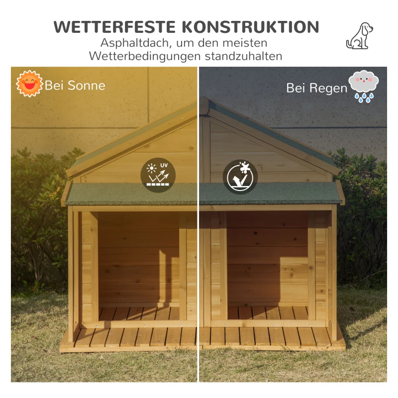 PawHut Hundehütte aus Massivholz isoliertes Hundehaus mit 2 Räume Asphaltdach Outdoor Hütte mit Terrasse Gelb+Grün 127 x 110 x 109 cm