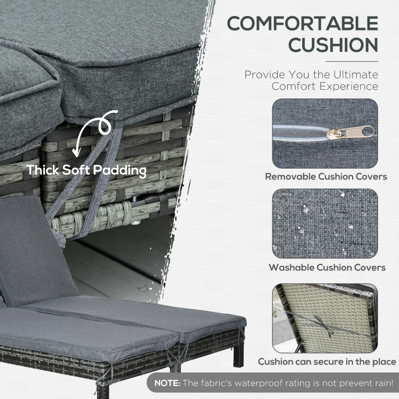Outsunny 2 Person Rattan Wicker Adjustable Chaise Lounge Chair with Cushions Grey
