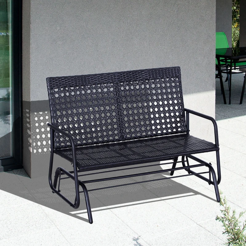 Outsunny 2 Seater PE Rattan Glider Bench, Outdoor Loveseat Chair with Steel Frame, Porch Rocking Glider for 2 Person with Armchair, High Back, Black