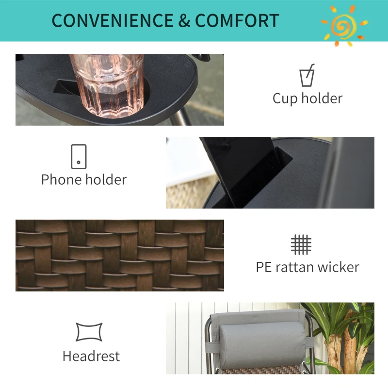 Outsunny Outdoor Zero Gravity Folding Lounge Chair with Headrest, Cup and Phone Holder for Garden, Balcony, Deck, Brown