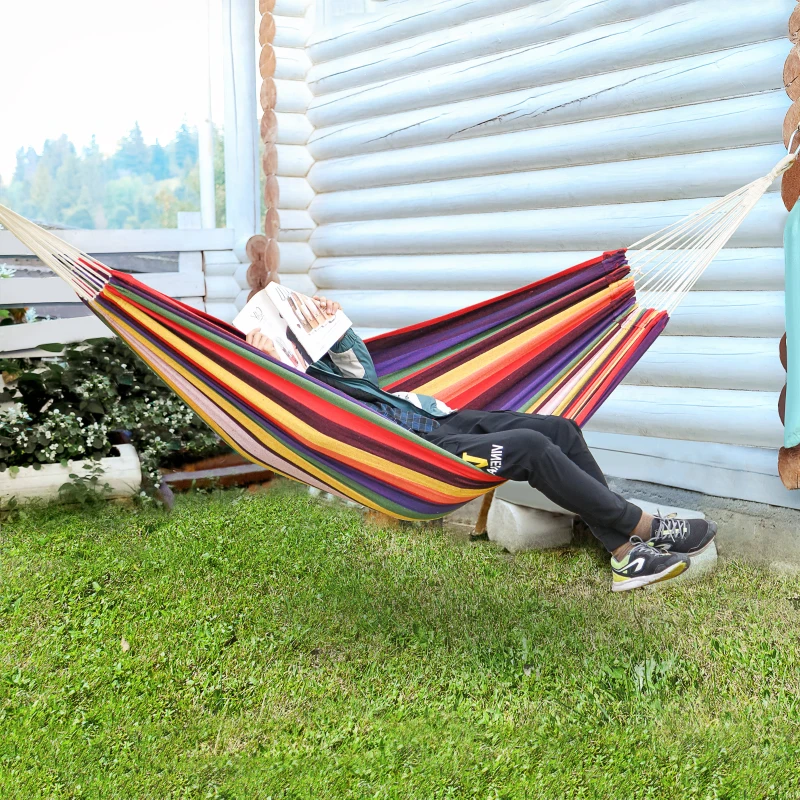Outsunny Brazilian Style Hammock Extra Large Cotton Hanging Camping Bed for Patio Backyard Lounging, Indoor Outdoor Use,Carrying Bag Included, Rainbow Stripe