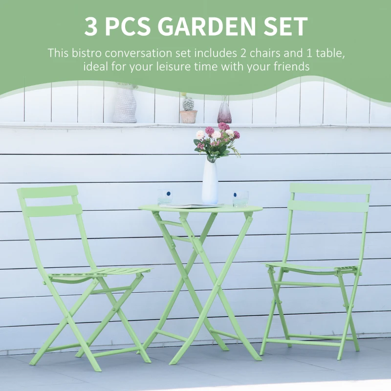 Outsunny 3 Pieces Patio Bistro Conversation Coffee Set Foldable Garden Table & Chair for Outdoor Yard Porch Poolside Balcony Green