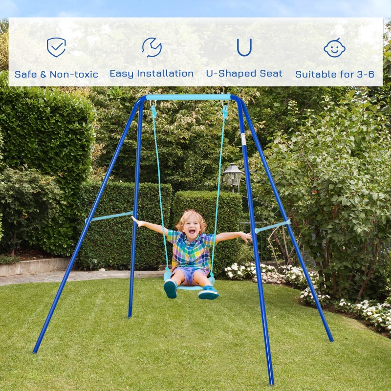 Outsunny Metal Swing Set with Durable Rope Heavy Duty A-Frame Stand Backyard Outdoor Playset for Kids Fun 3-6 Years Old Blue
