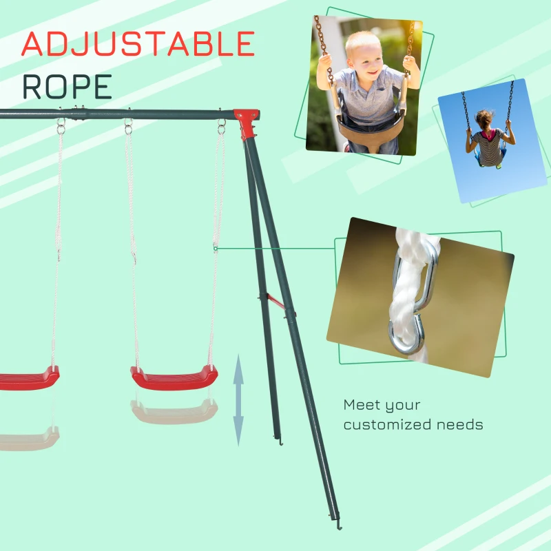 Outsunny Metal Swing Set, 2 Seater with Adjustable Rope Heavy Duty A-Frame Stand Backyard Outdoor Playset for Kids Fun 3-8 Years Old, Green and Red