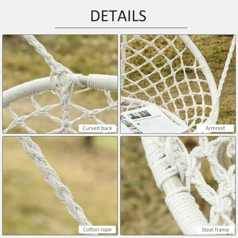 Outsunny Hanging Hammock Chair Cotton Rope Porch Swing with Metal Frame and Cushion, Large Macrame Seat for Patio, Garden, Bedroom, Living Room, Cream White