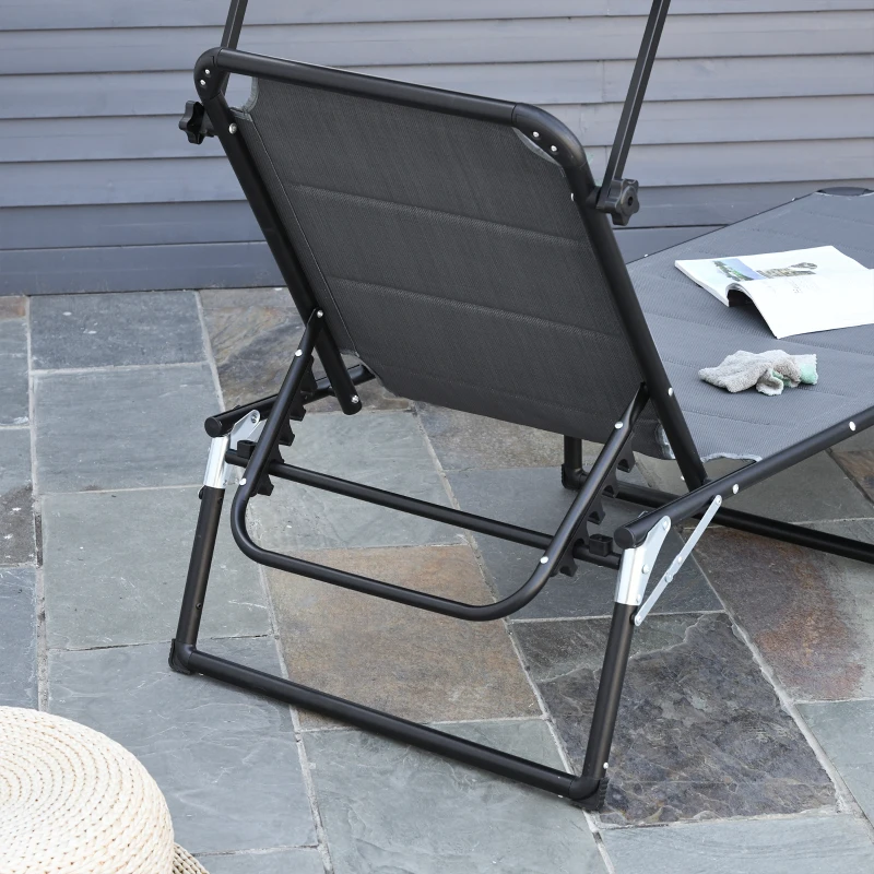 Outsunny Foldable Reclining Sun Lounger with Canopy Lounge Chair Camping Folding Bed Cot 5-Position Adjustable Back for Patio Garden Beach Pool Grey