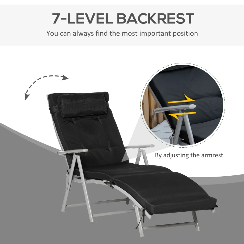 Outsunny Textilene Sun Lounger Recliner Chair Patio Foldable Garden 7 Levels Adjustable with Seat Cushion and Pillow