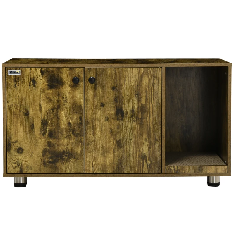 PawHut Cat Litter Box Enclosure, Hidden Cat Washroom, Decorative End Table with Double Doors, Scratching Pad for Living Room, Bedroom, Hallway, Rustic Brown