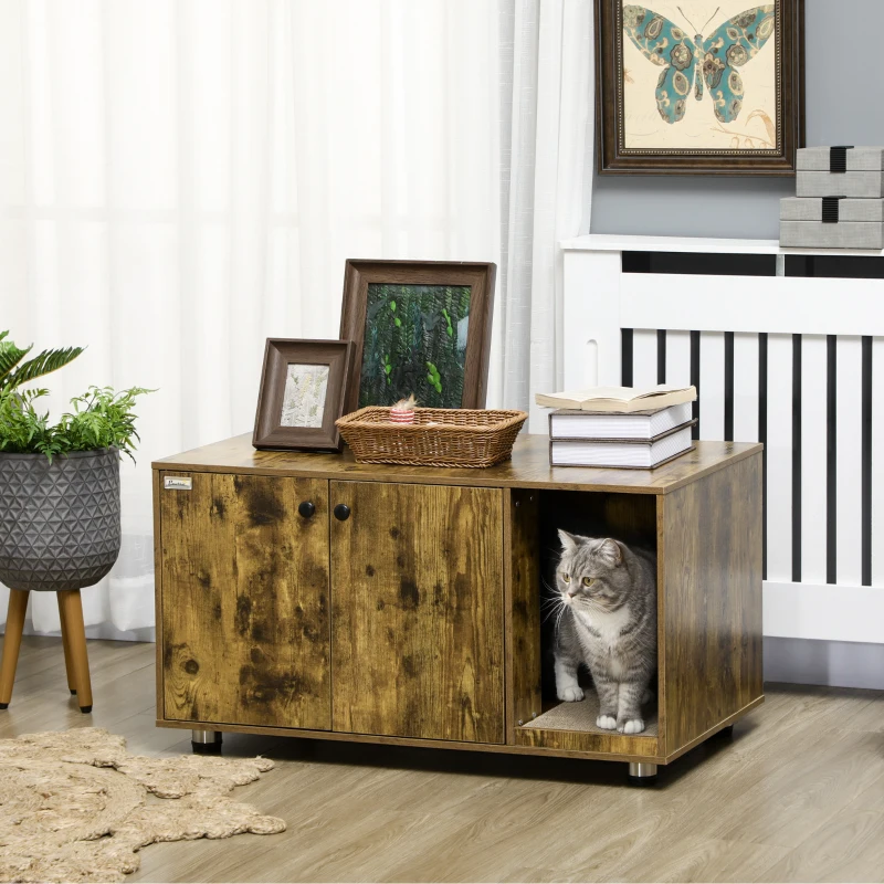 PawHut Cat Litter Box Enclosure, Hidden Cat Washroom, Decorative End Table with Double Doors, Scratching Pad for Living Room, Bedroom, Hallway, Rustic Brown