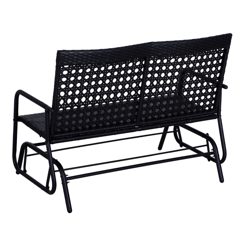 Outsunny 2 Seater PE Rattan Glider Bench, Outdoor Loveseat Chair with Steel Frame, Porch Rocking Glider for 2 Person with Armchair, High Back, Black