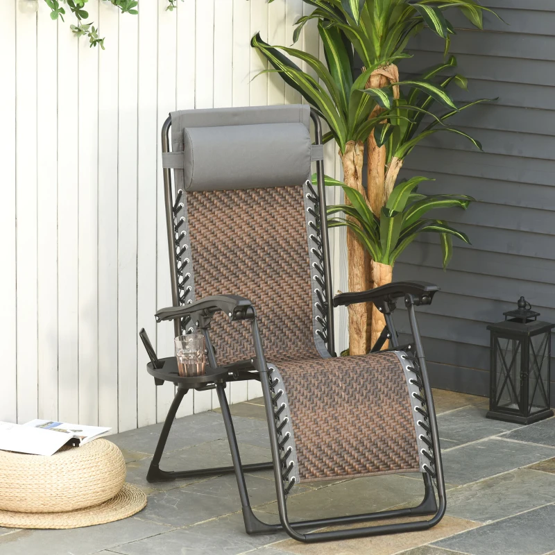 Outsunny Outdoor Zero Gravity Folding Lounge Chair with Headrest, Cup and Phone Holder for Garden, Balcony, Deck, Brown