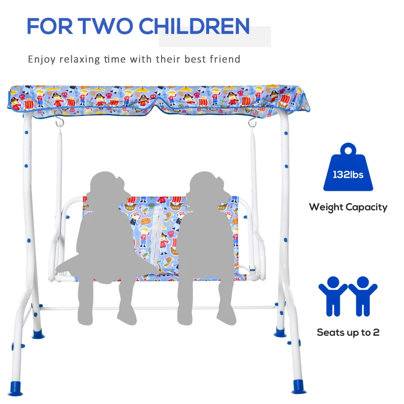 OUTSUNNY 2-Seat Kids Canopy Swing Chair Toddler Outdoor Glider Hammock Lounge with Shade Awning Seat Belt for Porch Backyard Pirate Pattern 43.25" x 27.5" x 43.25"