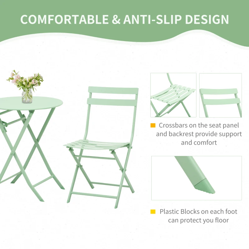 Outsunny 3 Pieces Patio Bistro Conversation Coffee Set Foldable Garden Table & Chair for Outdoor Yard Porch Poolside Balcony Green