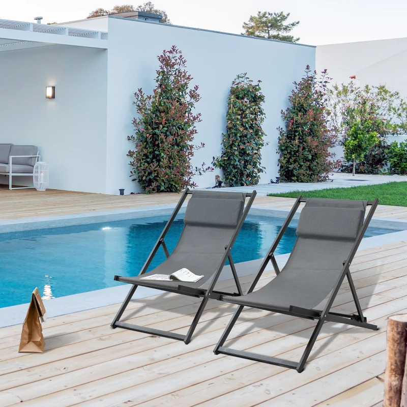 Outsunny Textilene Chaise Lounge Recliner Chair w/Adjustable Backrest Sun Bed Lounger Patio Furniture Deep Grey