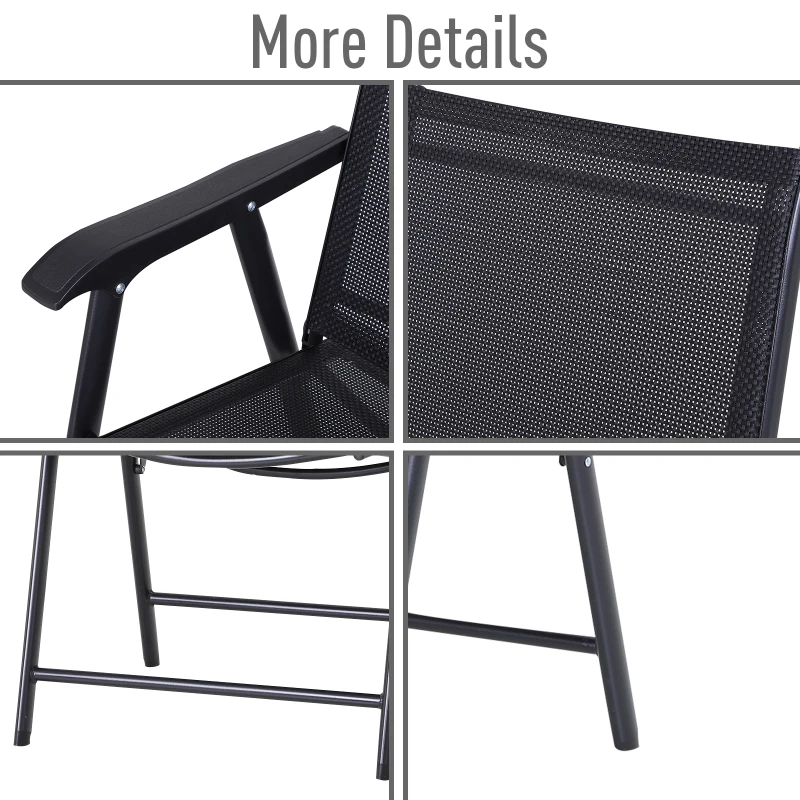 Outsunny Set of 2 Folding Garden Chairs - Metal Frame Outdoor Patio Park Dining Seats with Breathable Mesh Seat, Black