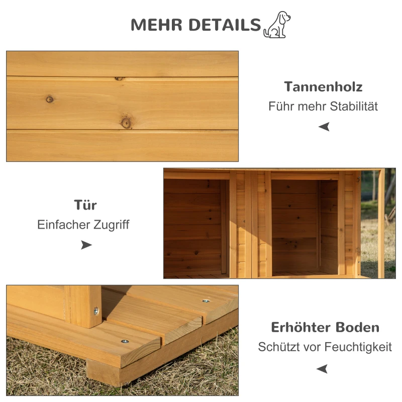 PawHut Hundehütte aus Massivholz isoliertes Hundehaus mit 2 Räume Asphaltdach Outdoor Hütte mit Terrasse Gelb+Grün 127 x 110 x 109 cm
