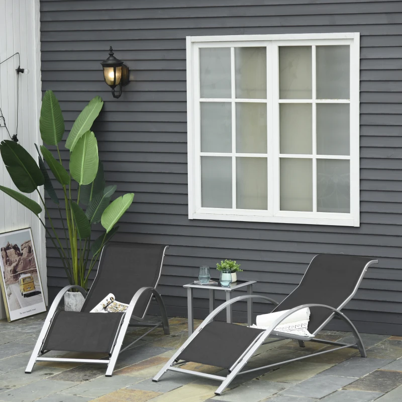 Outsunny 3 Pieces Sun Lounger Chair Set - Metal Frame Garden Outdoor Sunbathing Chair with Side Table and Armrest, Black