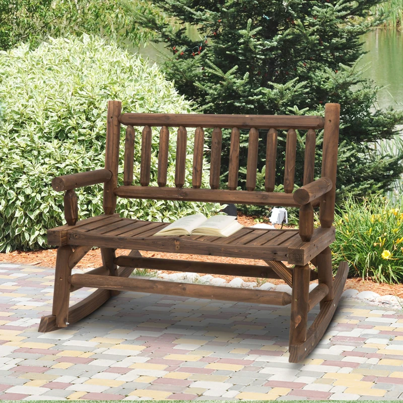 Outsunny 2-Seat Rocking Bench Wood Frame Rough-Cut Log Loveseat Slatted Dark Stain Brown