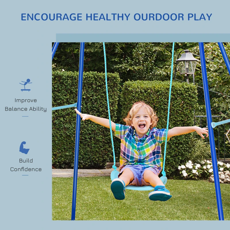 Outsunny Metal Swing Set with Durable Rope Heavy Duty A-Frame Stand Backyard Outdoor Playset for Kids Fun 3-6 Years Old Blue