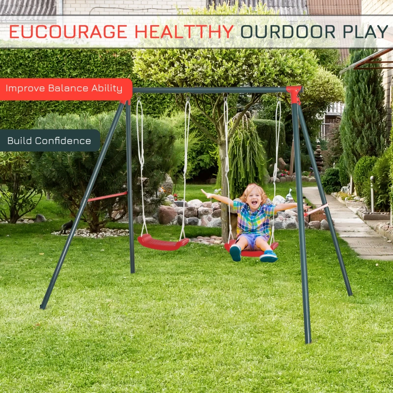 Outsunny Metal Swing Set, 2 Seater with Adjustable Rope Heavy Duty A-Frame Stand Backyard Outdoor Playset for Kids Fun 3-8 Years Old, Green and Red