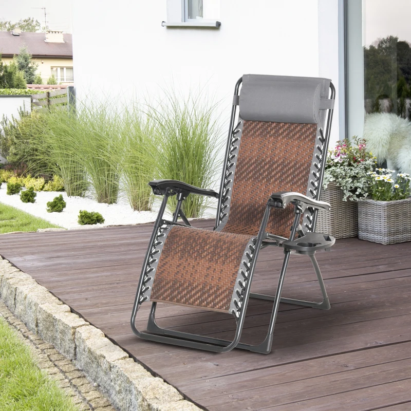 Outsunny Outdoor Zero Gravity Folding Lounge Chair with Headrest, Cup and Phone Holder for Garden, Balcony, Deck, Brown
