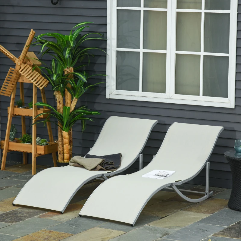 Outsunny Set of 2 S-shaped Foldable Lounge Chair Sun Lounger Reclining Outdoor Chair for Patio Beach Garden, Beige