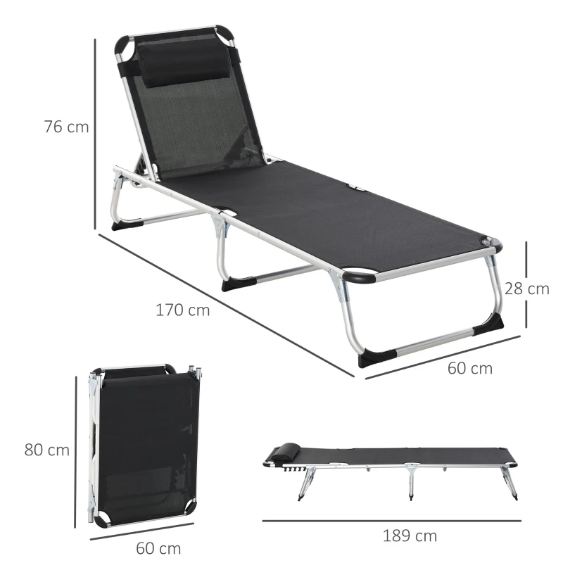 Outsunny Foldable Reclining Sun Lounger Lounge Chair Camping Bed Cot with Pillow 5-Level Adjustable Back Aluminium Frame for Patio Garden Beach Pool Black